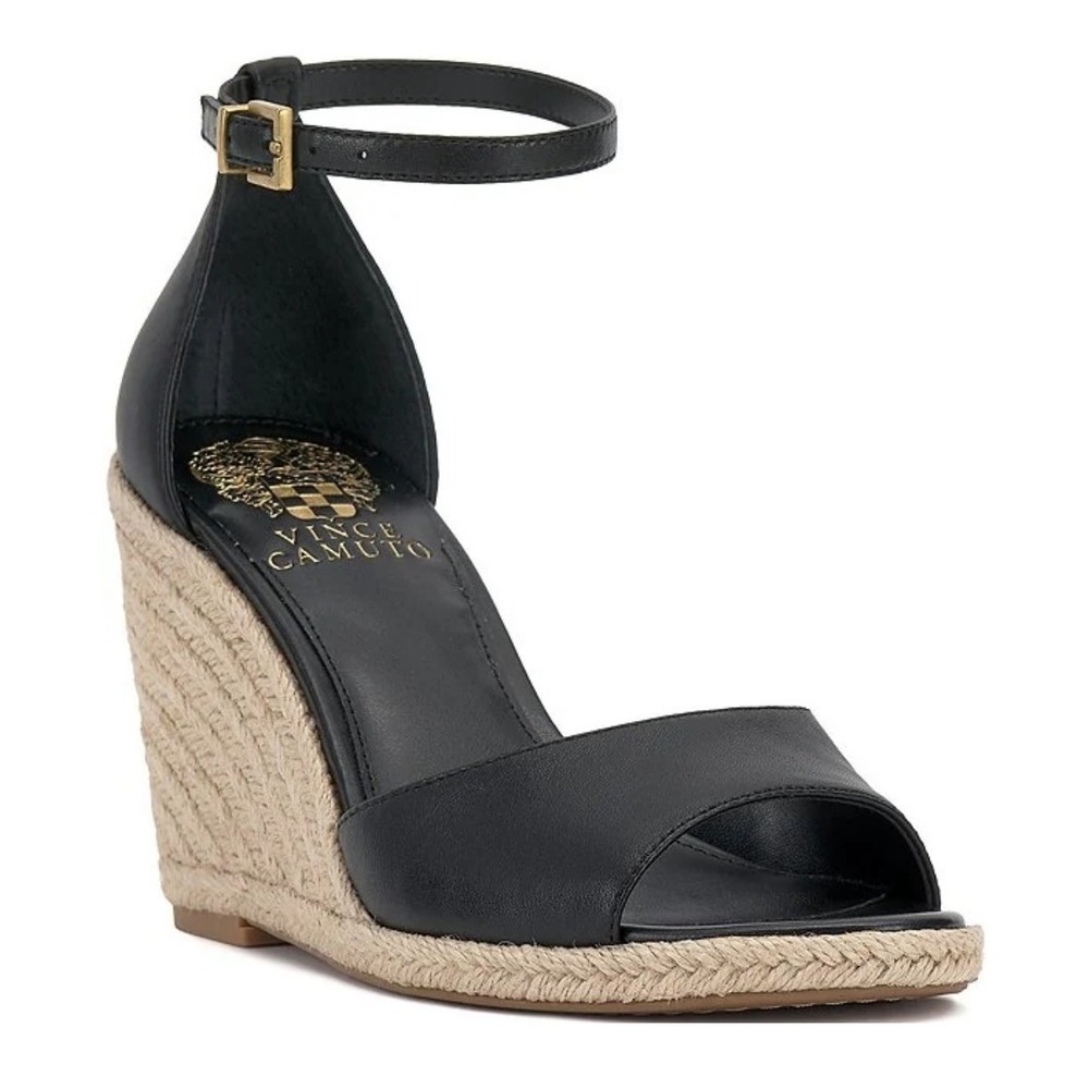 Vince Camuto Felyn Leather Ankle Strap Espadrille Wedge Sandals Black Womens 11